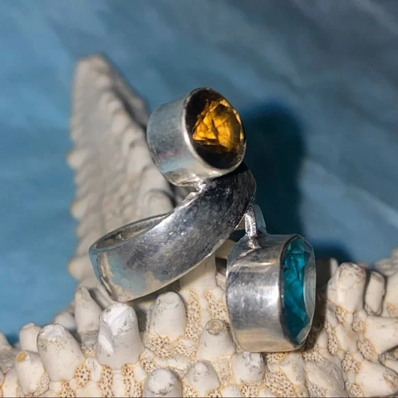 Sold * Blue Tourmaline + Honey Citrine statement ring - Picture 2 of 7